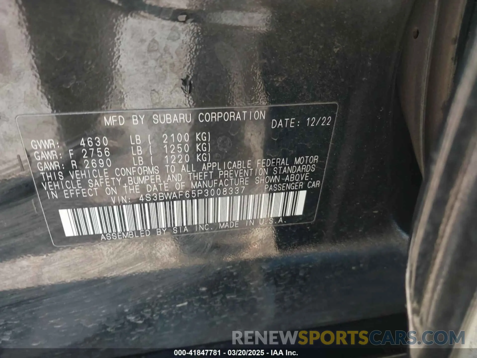 9 fotografías del automóvil dañado 4S3BWAF65P3008337 SUBARU LEGACY 2023