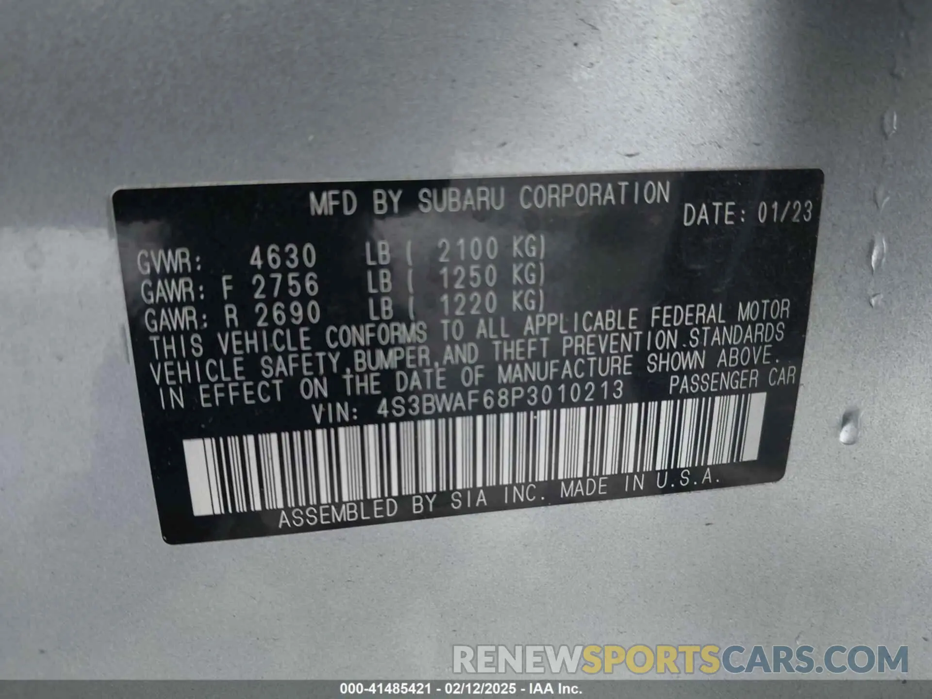 9 fotografías del automóvil dañado 4S3BWAF68P3010213 SUBARU LEGACY 2023