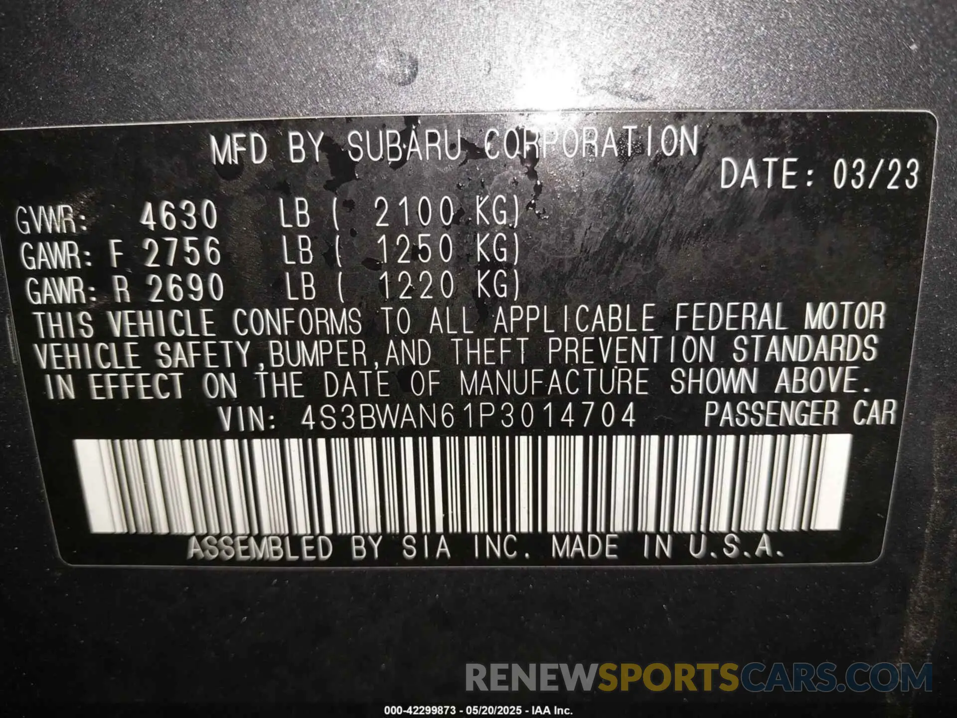 9 fotografías del automóvil dañado 4S3BWAN61P3014704 SUBARU LEGACY 2023