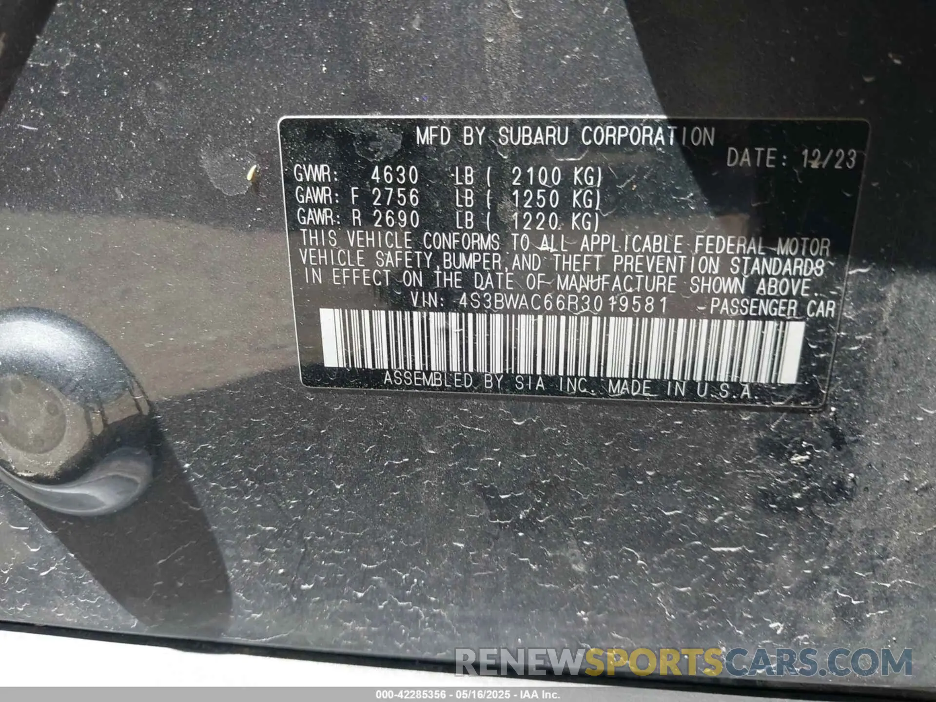 9 fotografías del automóvil dañado 4S3BWAC66R3019581 SUBARU LEGACY 2024