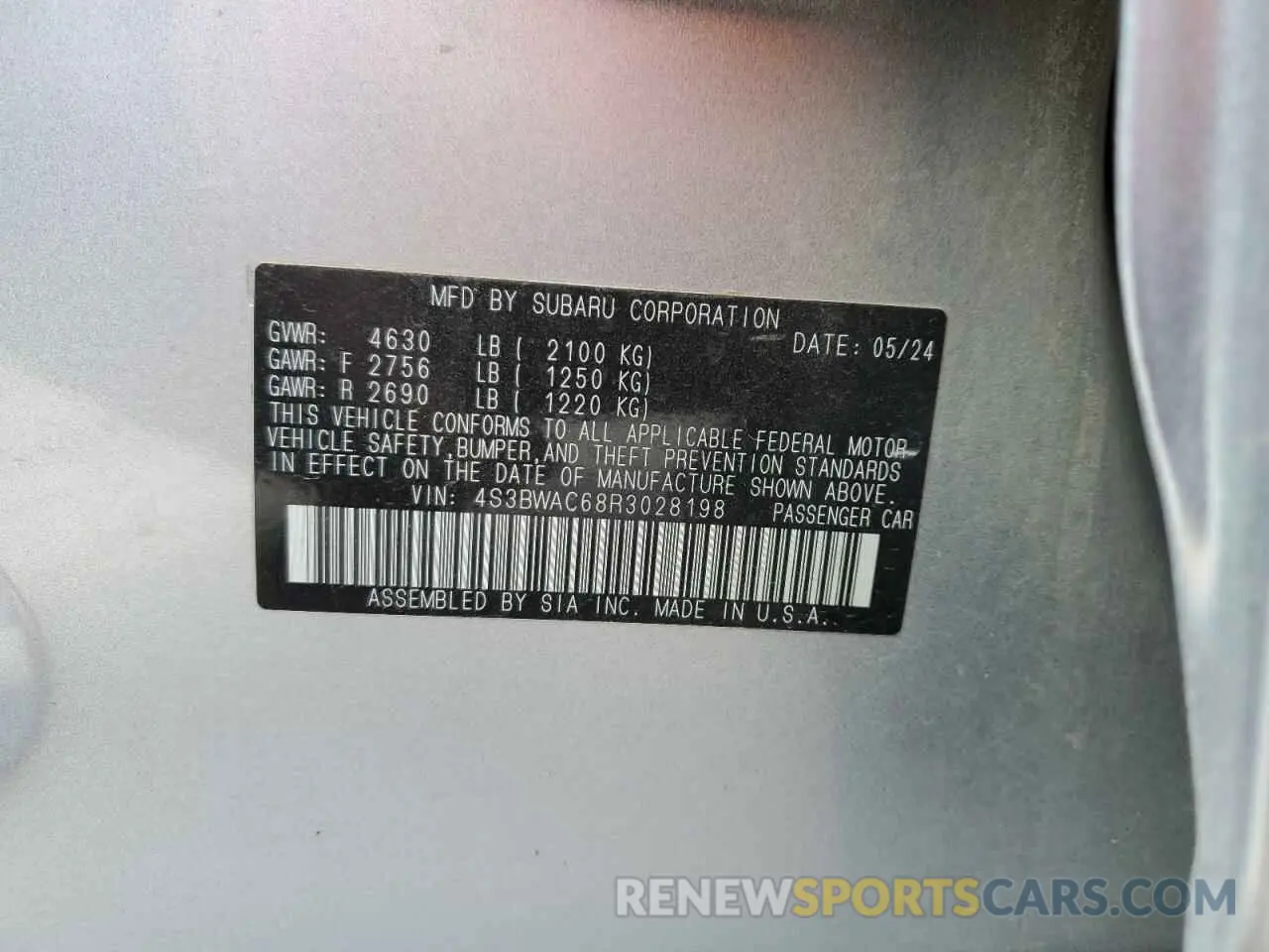 12 fotografías del automóvil dañado 4S3BWAC68R3028198 SUBARU LEGACY 2024