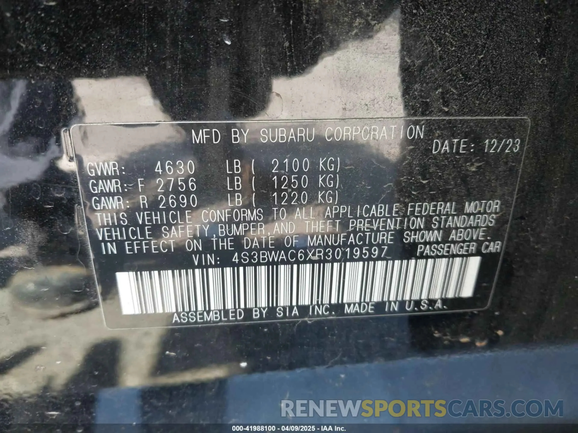 9 fotografías del automóvil dañado 4S3BWAC6XR3019597 SUBARU LEGACY 2024