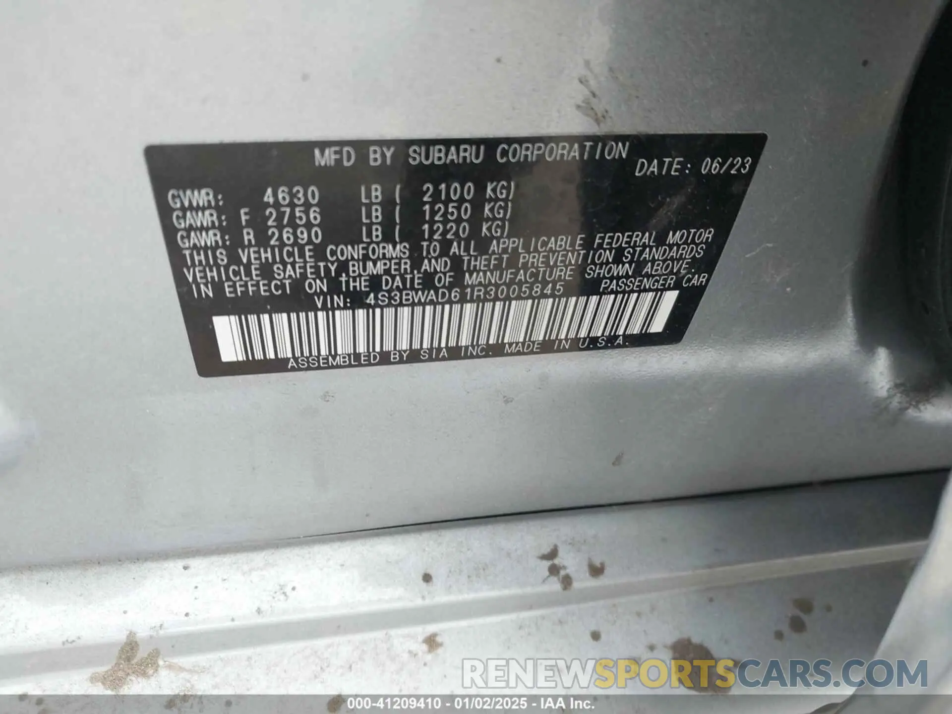 9 fotografías del automóvil dañado 4S3BWAD61R3005845 SUBARU LEGACY 2024