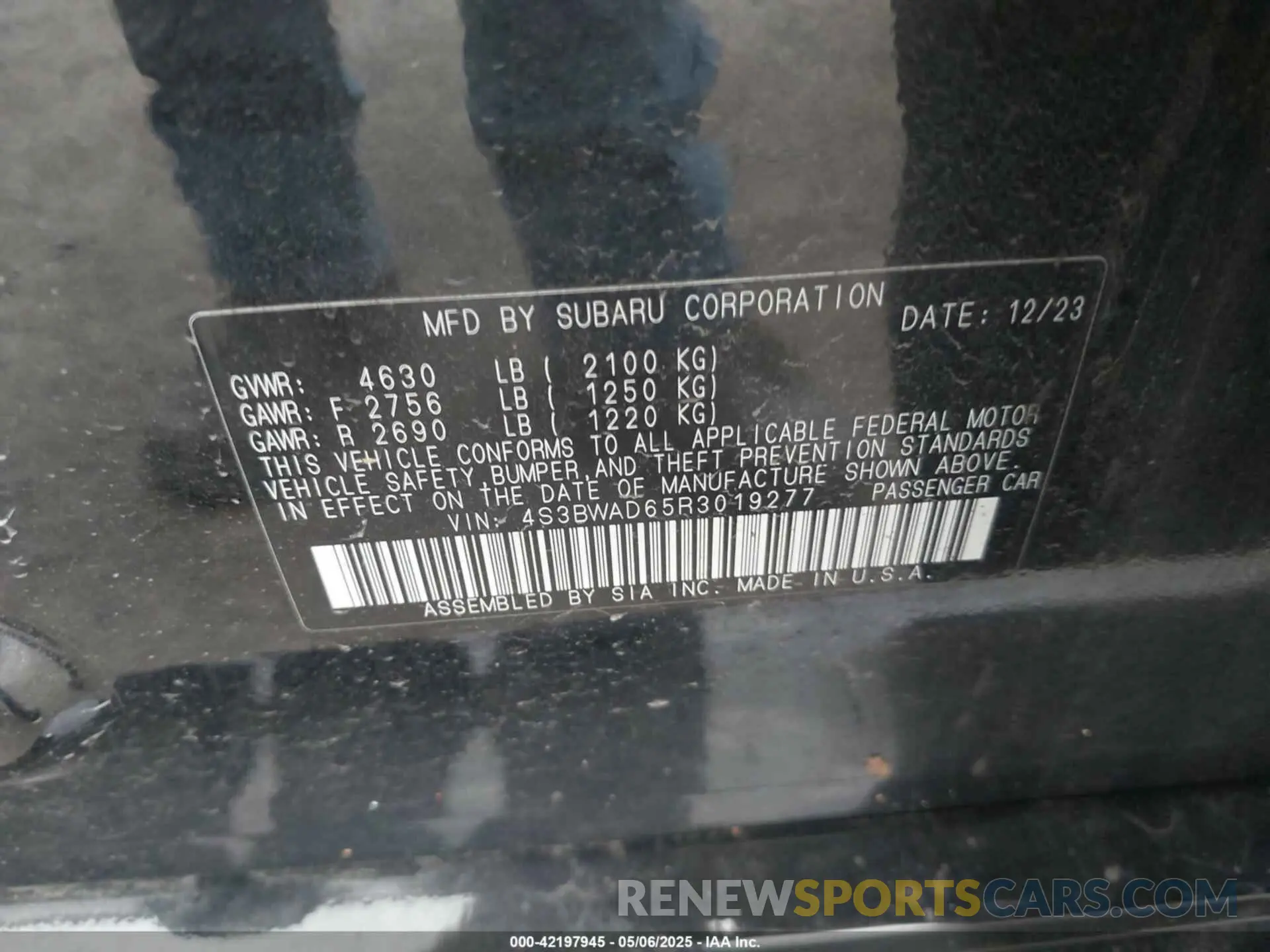 9 fotografías del automóvil dañado 4S3BWAD65R3019277 SUBARU LEGACY 2024