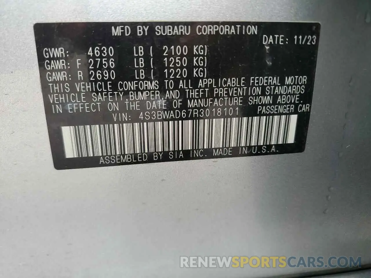 13 fotografías del automóvil dañado 4S3BWAD67R3018101 SUBARU LEGACY 2024