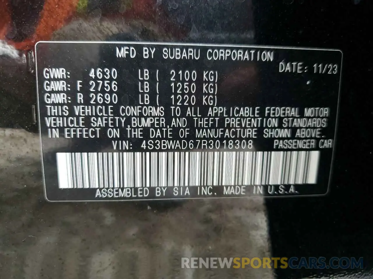 12 fotografías del automóvil dañado 4S3BWAD67R3018308 SUBARU LEGACY 2024