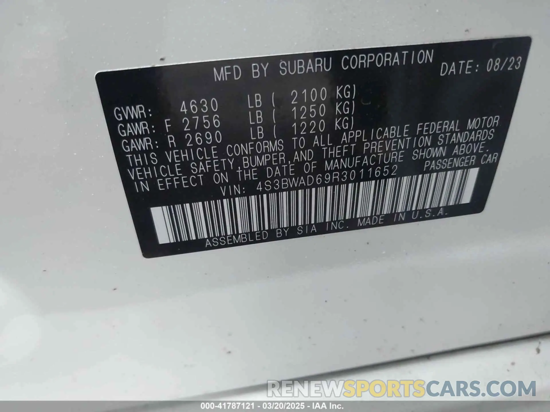 9 fotografías del automóvil dañado 4S3BWAD69R3011652 SUBARU LEGACY 2024