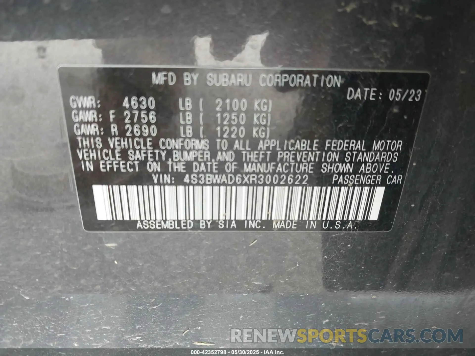 9 fotografías del automóvil dañado 4S3BWAD6XR3002622 SUBARU LEGACY 2024