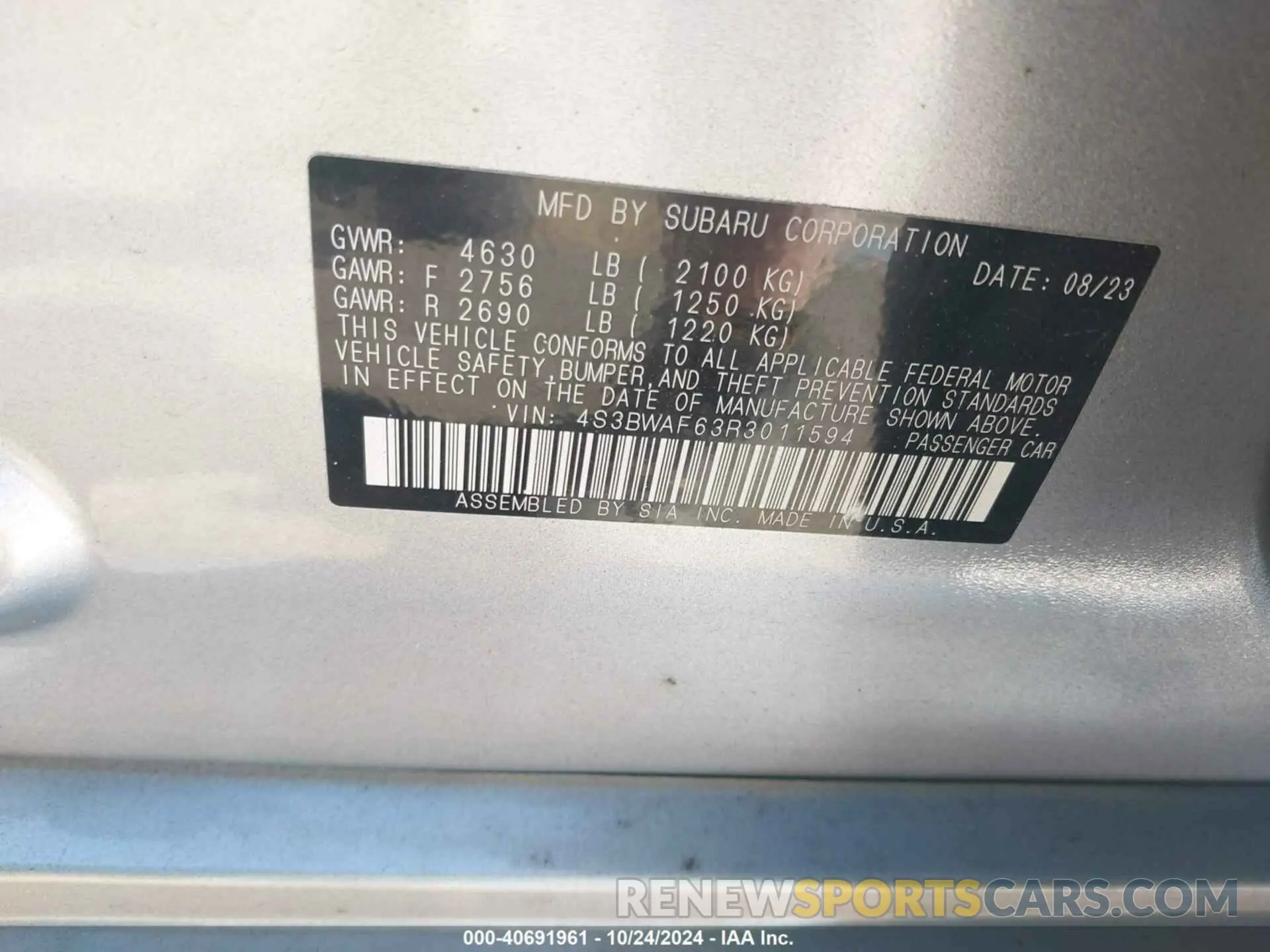 9 fotografías del automóvil dañado 4S3BWAF63R3011594 SUBARU LEGACY 2024