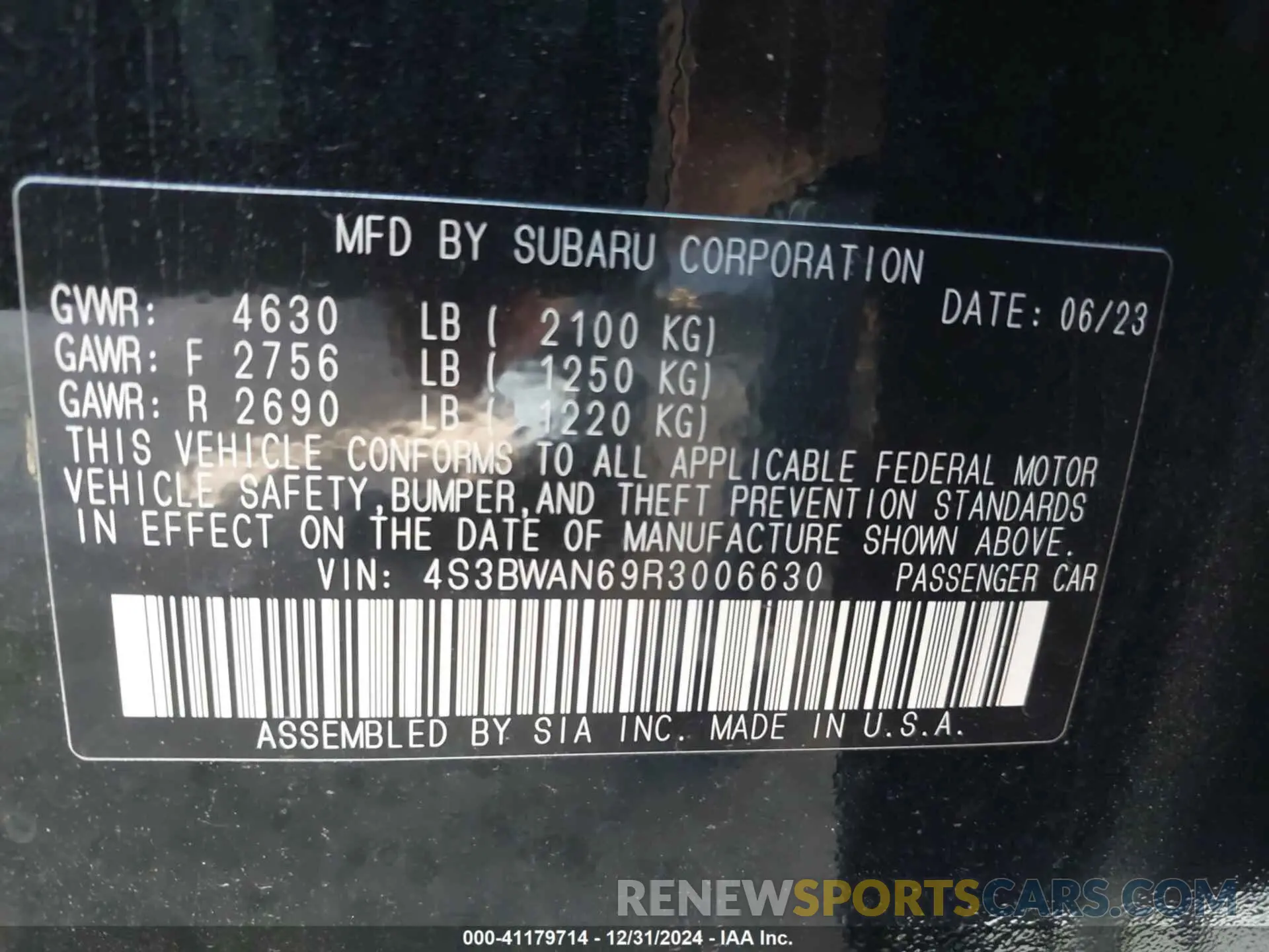 9 fotografías del automóvil dañado 4S3BWAN69R3006630 SUBARU LEGACY 2024