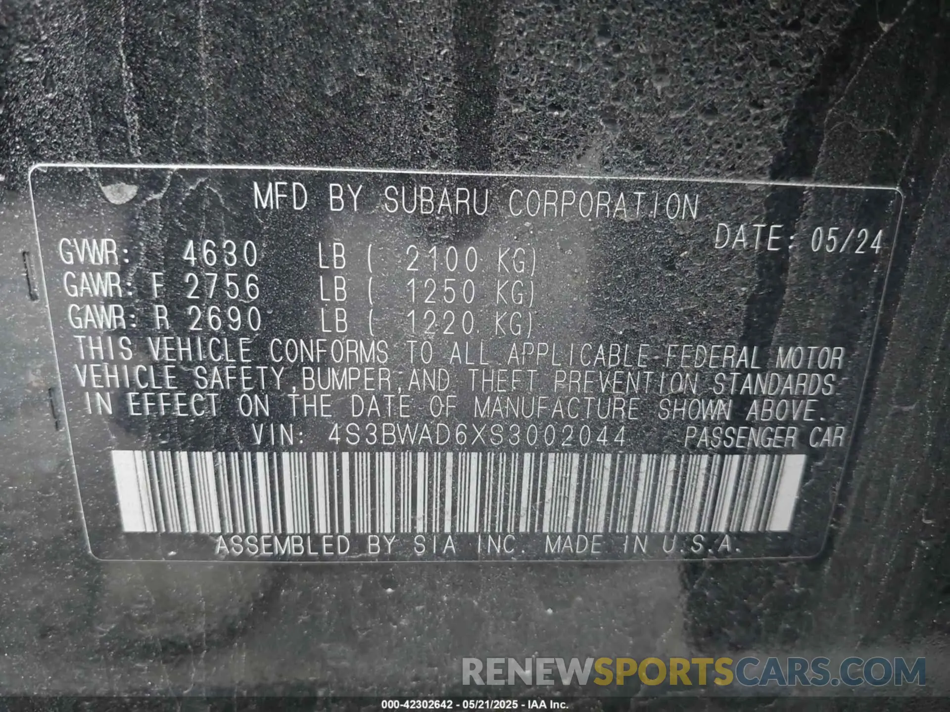 9 fotografías del automóvil dañado 4S3BWAD6XS3002044 SUBARU LEGACY 2025