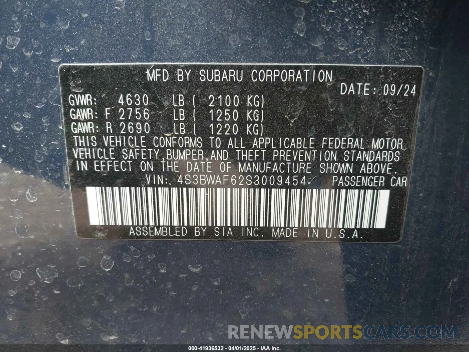 9 fotografías del automóvil dañado 4S3BWAF62S3009454 SUBARU LEGACY 2025