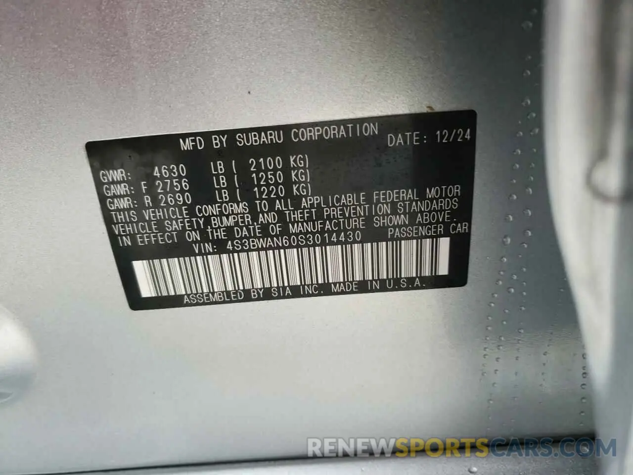 12 fotografías del automóvil dañado 4S3BWAN60S3014430 SUBARU LEGACY 2025