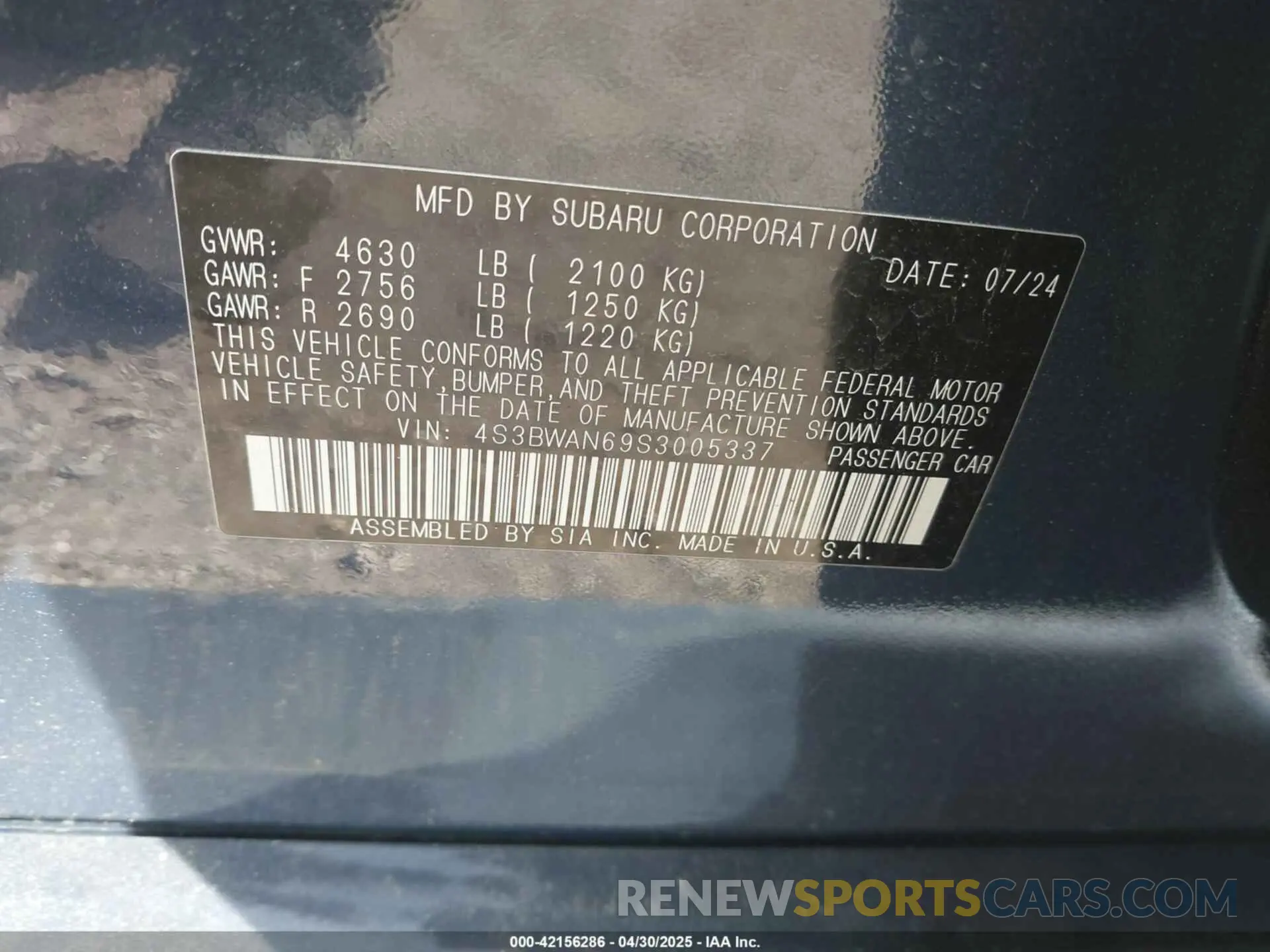 9 fotografías del automóvil dañado 4S3BWAN69S3005337 SUBARU LEGACY 2025