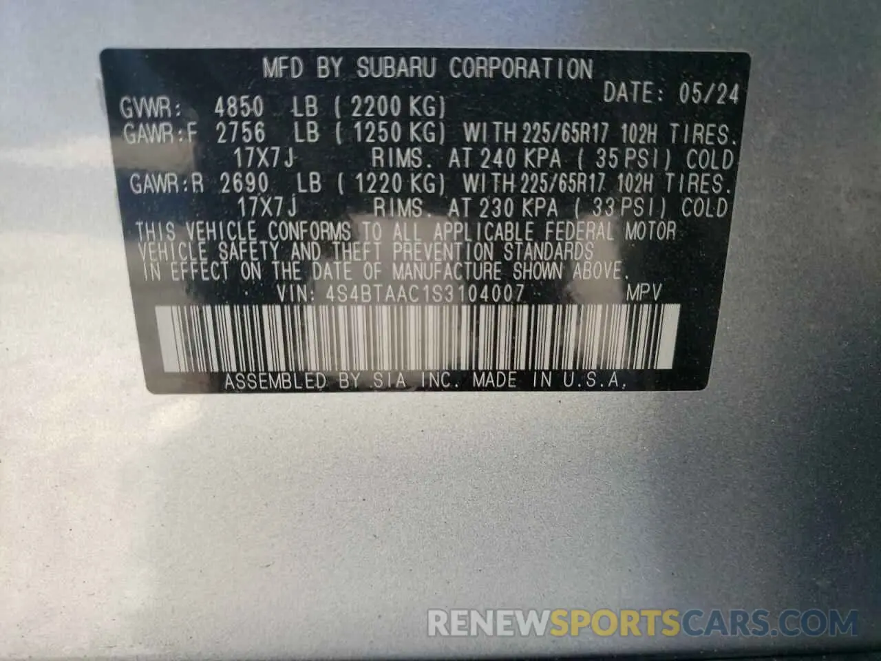 15 fotografías del automóvil dañado 4S4BTAAC1S3104007 SUBARU LEGACY 2025