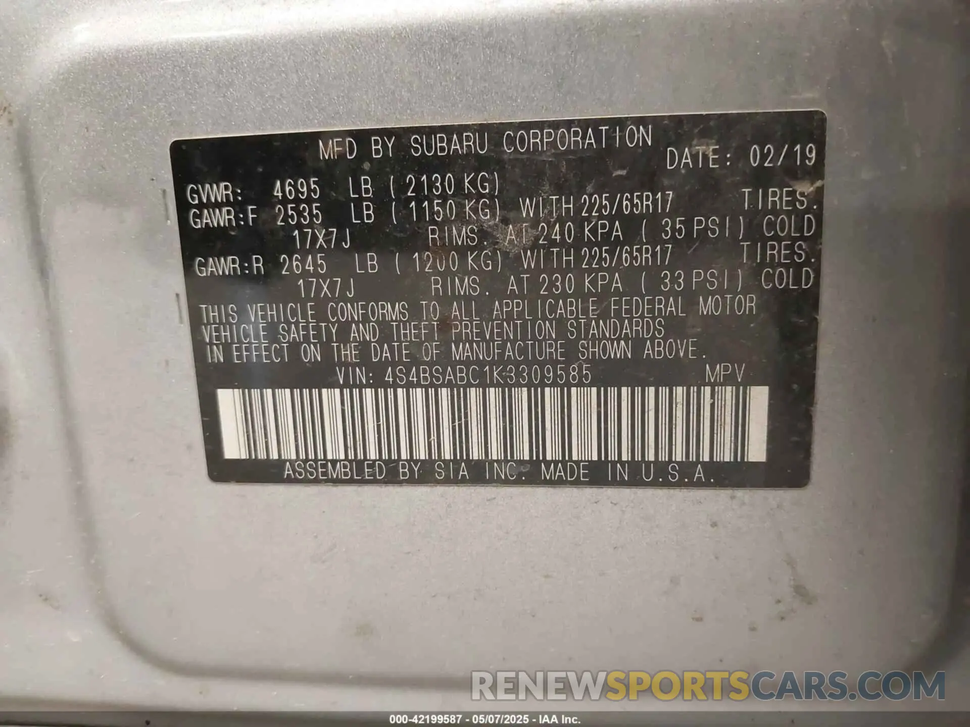 9 fotografías del automóvil dañado 4S4BSABC1K3309585 SUBARU OUTBACK 2019