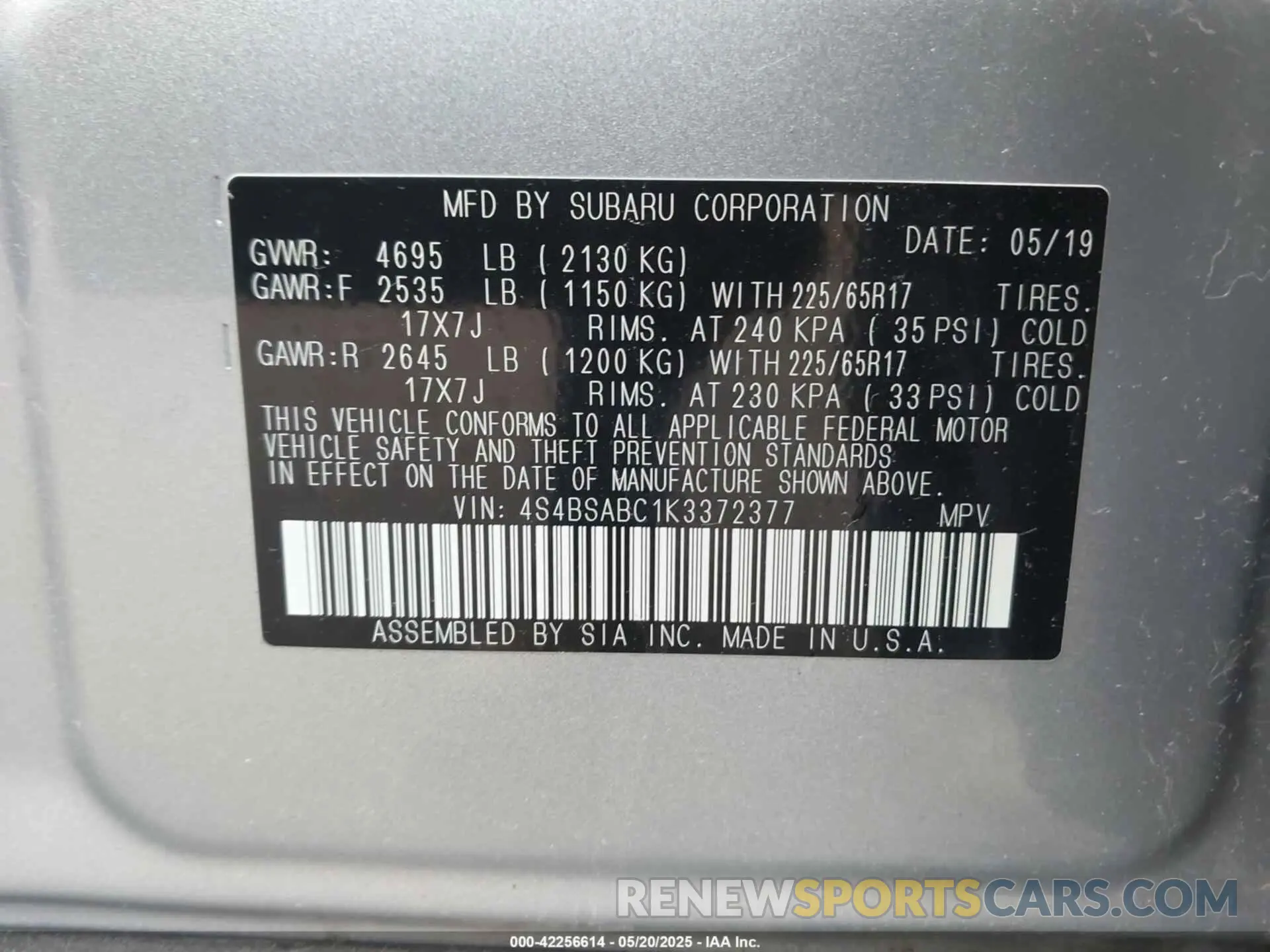 9 fotografías del automóvil dañado 4S4BSABC1K3372377 SUBARU OUTBACK 2019