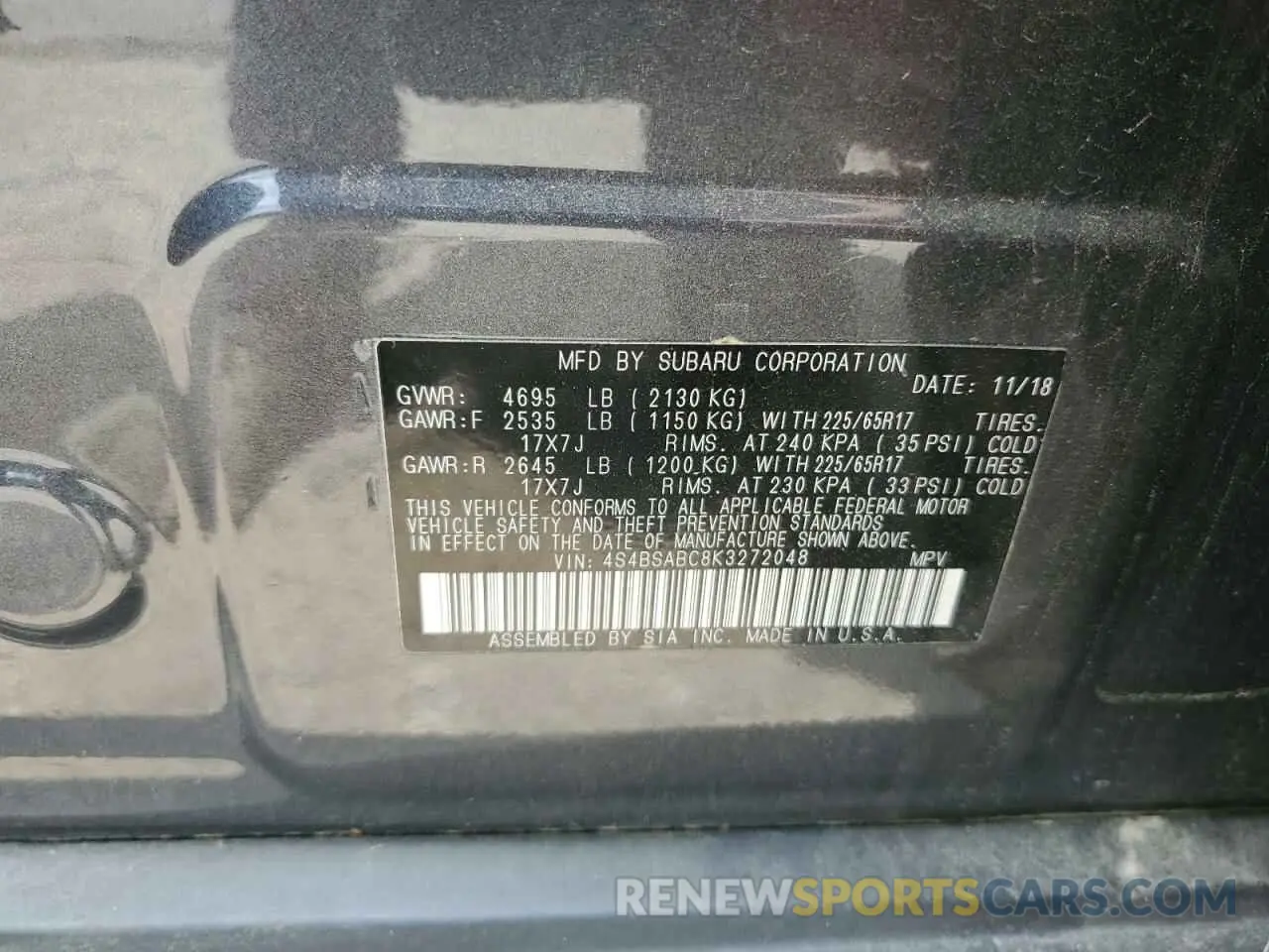 13 fotografías del automóvil dañado 4S4BSABC8K3272048 SUBARU OUTBACK 2019