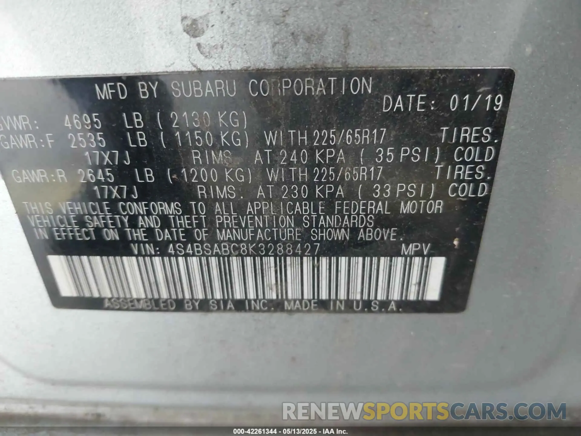 9 fotografías del automóvil dañado 4S4BSABC8K3288427 SUBARU OUTBACK 2019