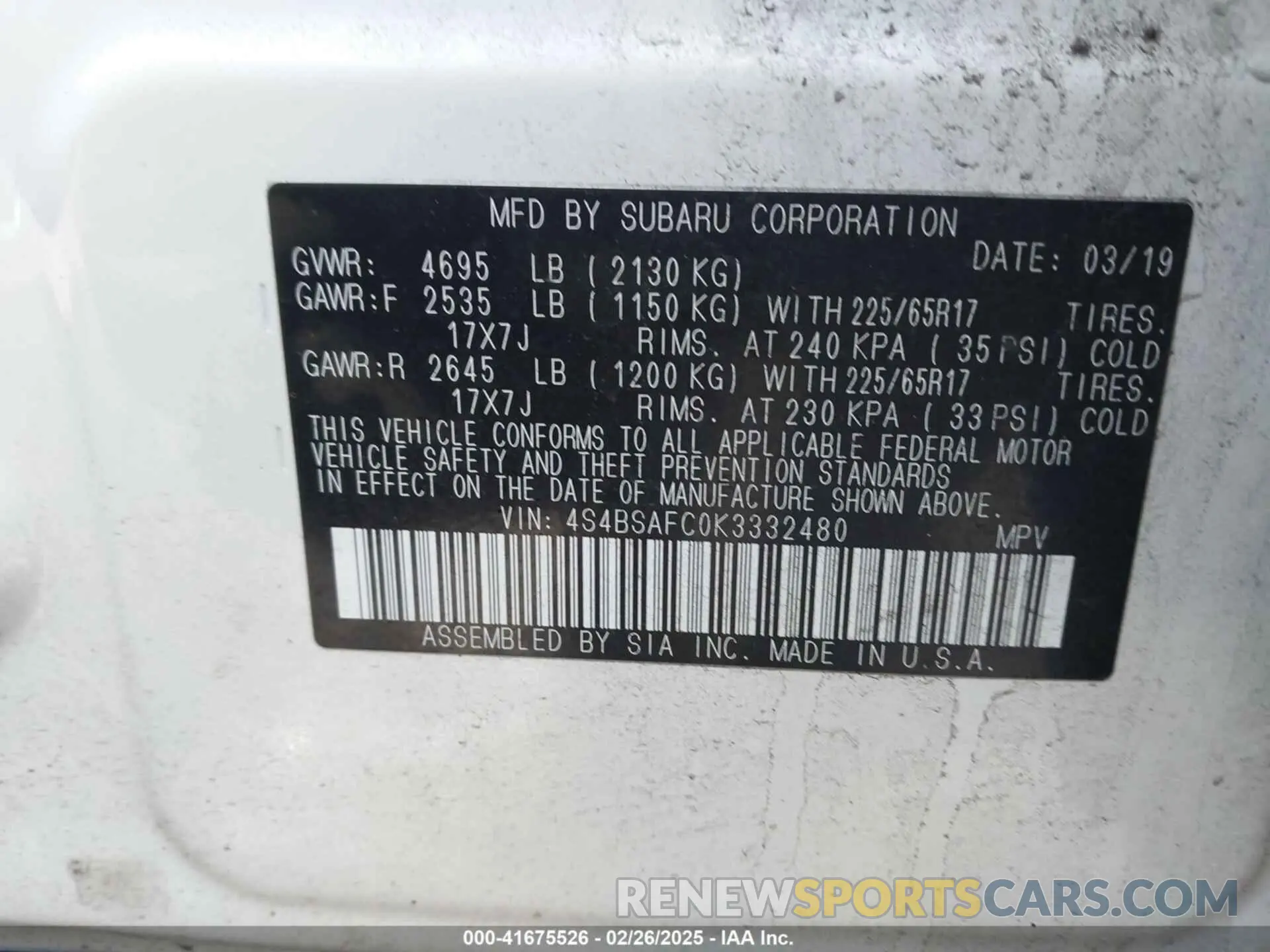 9 fotografías del automóvil dañado 4S4BSAFC0K3332480 SUBARU OUTBACK 2019