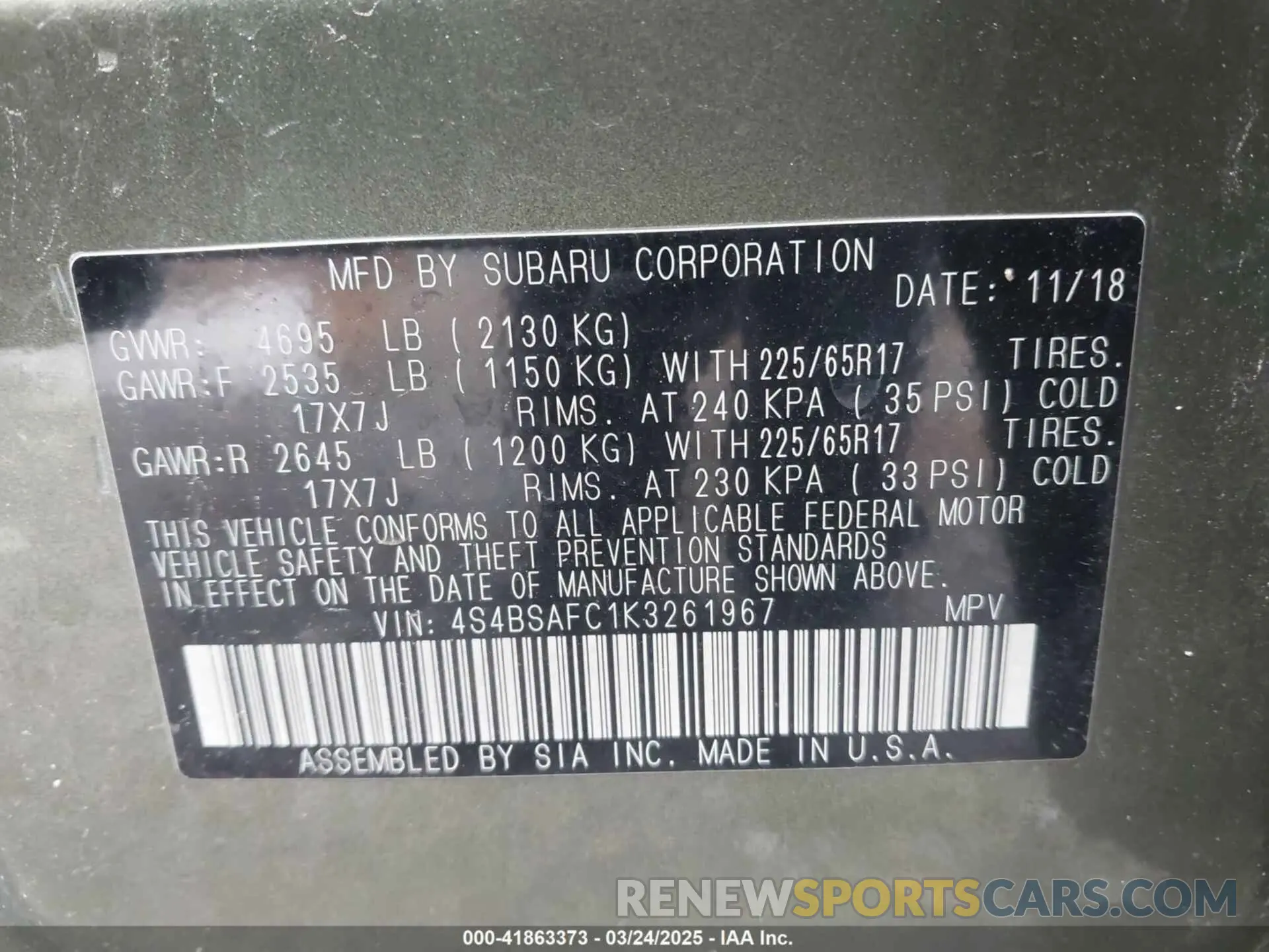 9 fotografías del automóvil dañado 4S4BSAFC1K3261967 SUBARU OUTBACK 2019