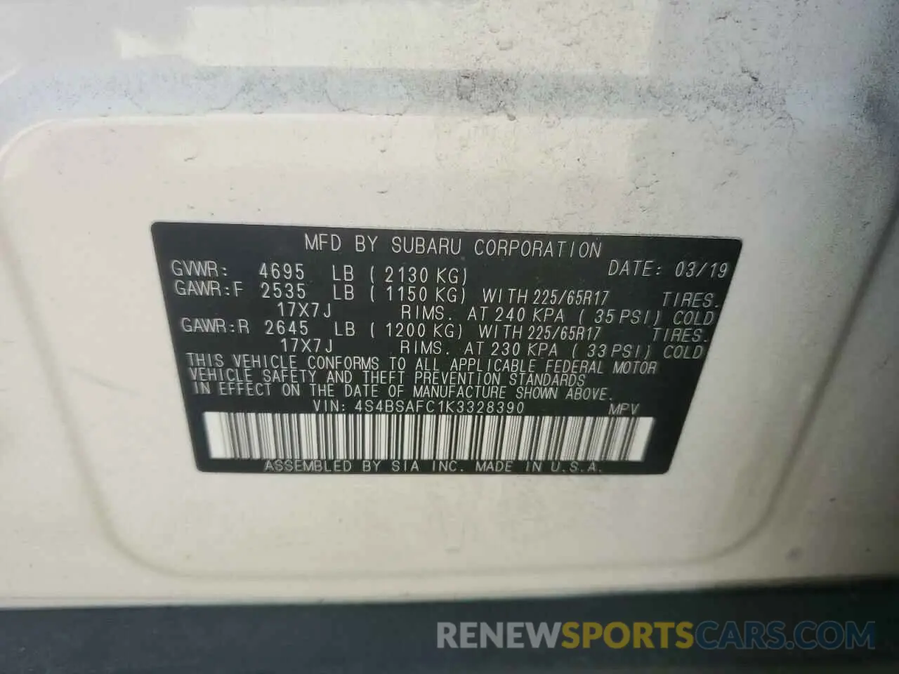 12 fotografías del automóvil dañado 4S4BSAFC1K3328390 SUBARU OUTBACK 2019