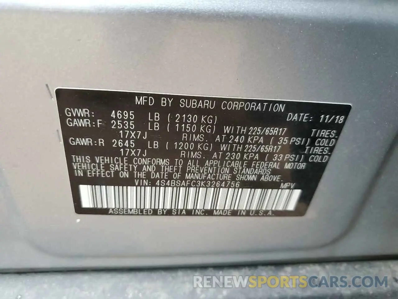 12 fotografías del automóvil dañado 4S4BSAFC3K3264756 SUBARU OUTBACK 2019