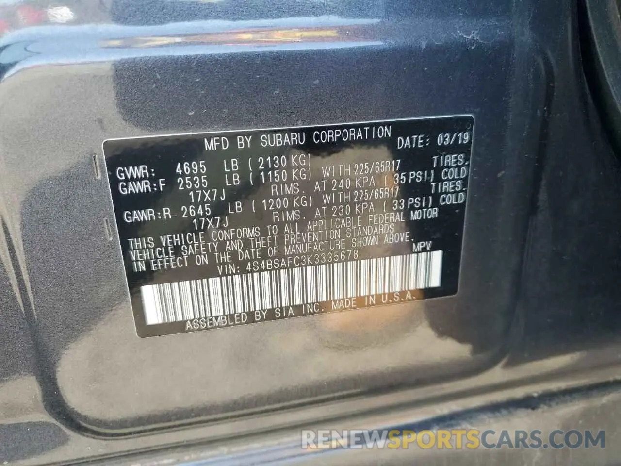 13 fotografías del automóvil dañado 4S4BSAFC3K3335678 SUBARU OUTBACK 2019