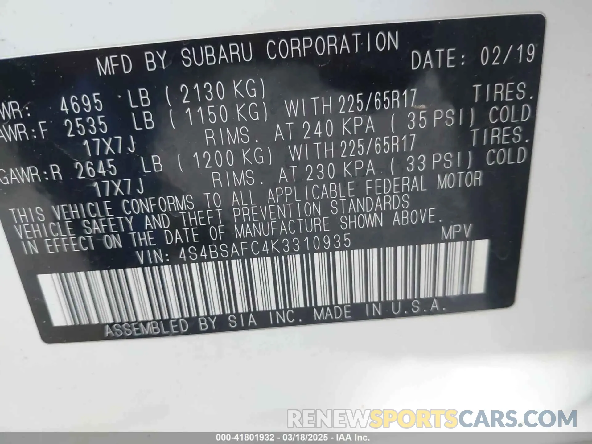 9 fotografías del automóvil dañado 4S4BSAFC4K3310935 SUBARU OUTBACK 2019