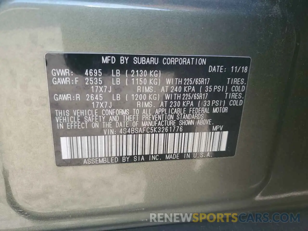 15 fotografías del automóvil dañado 4S4BSAFC5K3261776 SUBARU OUTBACK 2019