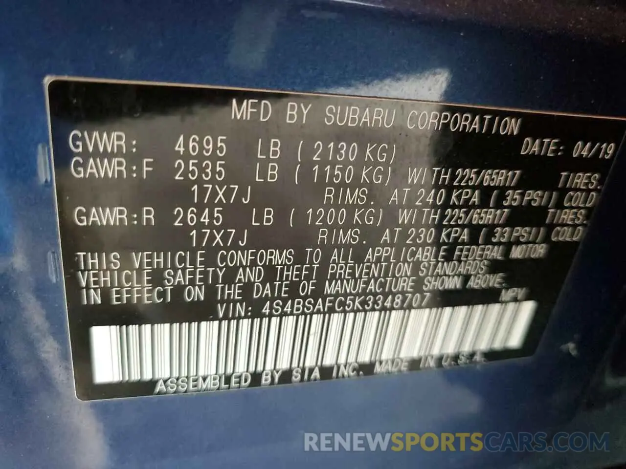 13 fotografías del automóvil dañado 4S4BSAFC5K3348707 SUBARU OUTBACK 2019