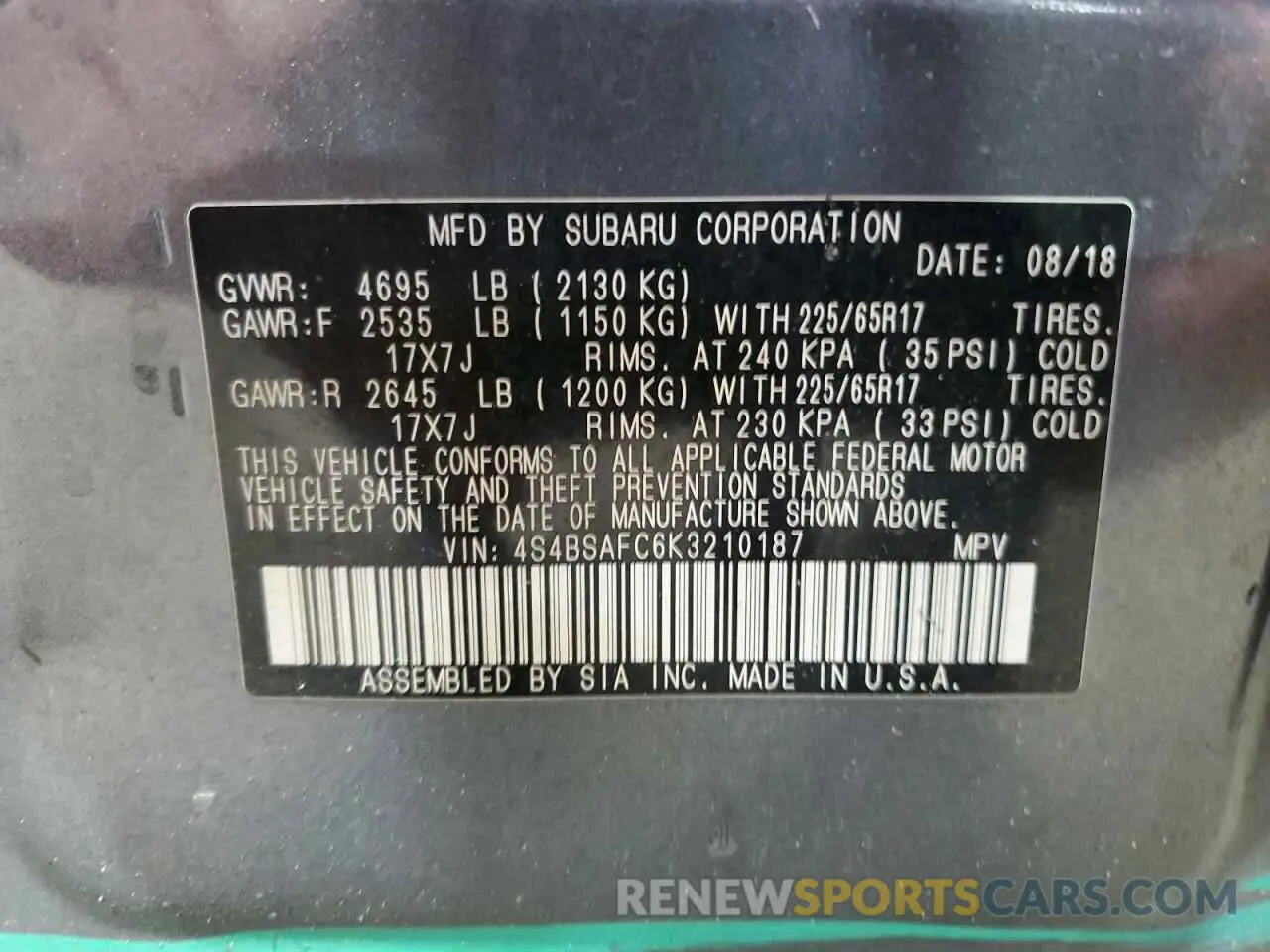 13 fotografías del automóvil dañado 4S4BSAFC6K3210187 SUBARU OUTBACK 2019