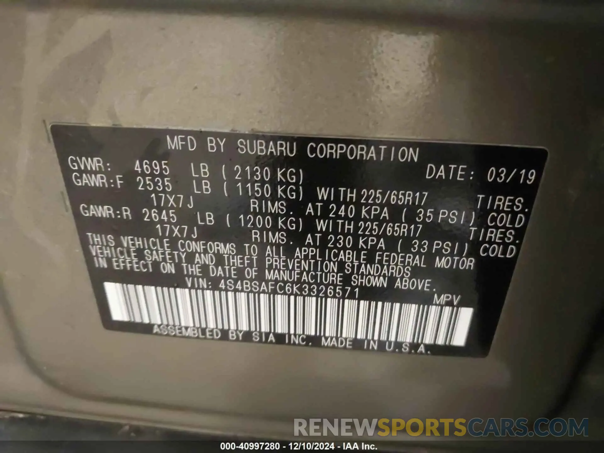 9 fotografías del automóvil dañado 4S4BSAFC6K3326571 SUBARU OUTBACK 2019