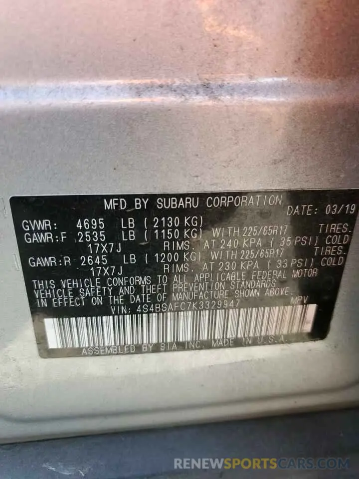 13 fotografías del automóvil dañado 4S4BSAFC7K3329947 SUBARU OUTBACK 2019