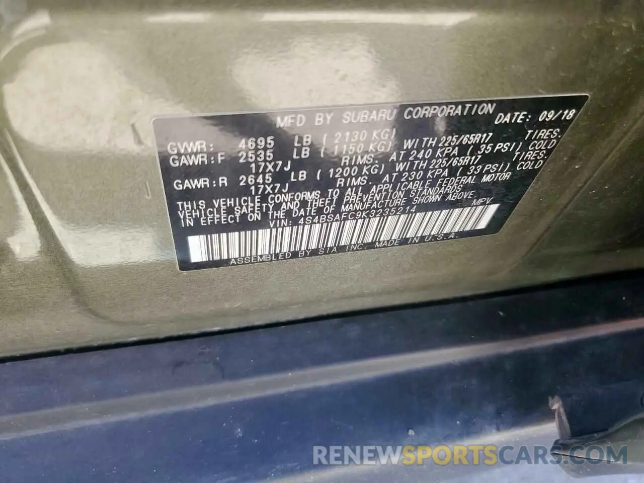 13 fotografías del automóvil dañado 4S4BSAFC9K3235214 SUBARU OUTBACK 2019