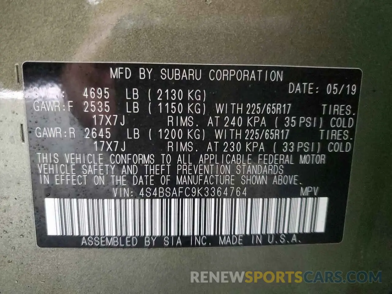13 fotografías del automóvil dañado 4S4BSAFC9K3364764 SUBARU OUTBACK 2019