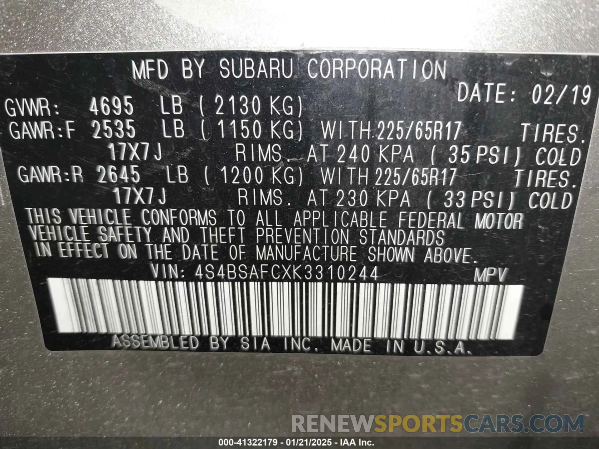 9 fotografías del automóvil dañado 4S4BSAFCXK3310244 SUBARU OUTBACK 2019
