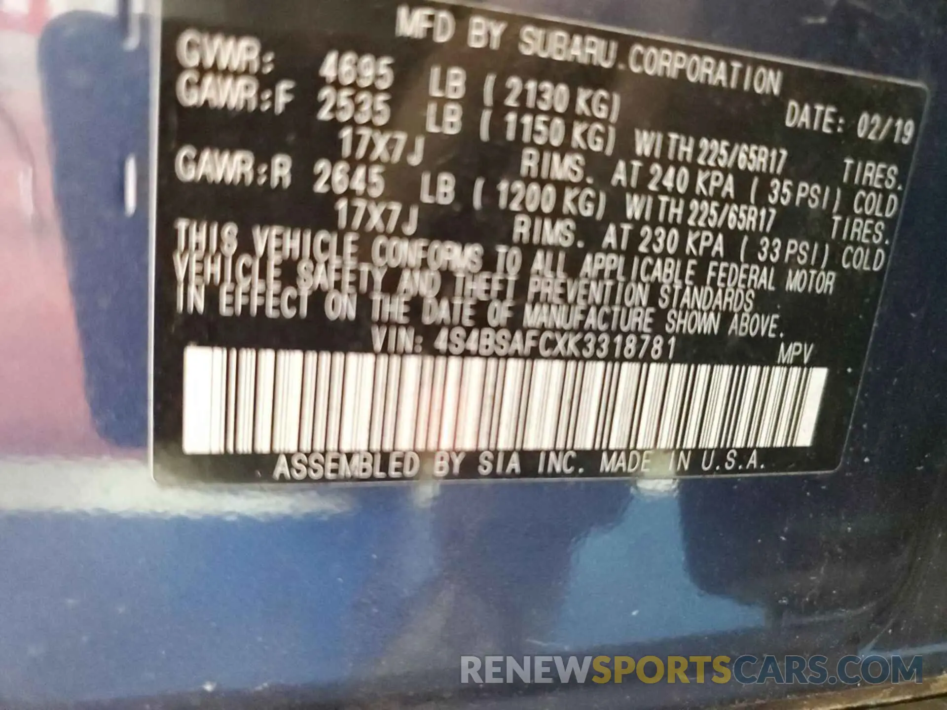 23 fotografías del automóvil dañado 4S4BSAFCXK3318781 SUBARU OUTBACK 2019