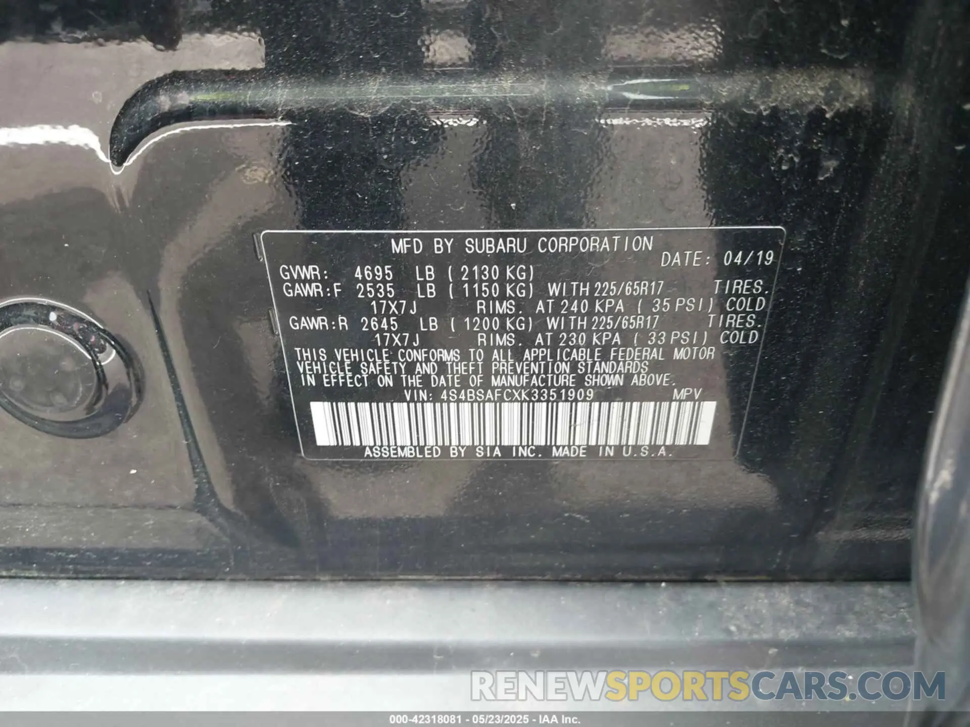 9 fotografías del automóvil dañado 4S4BSAFCXK3351909 SUBARU OUTBACK 2019