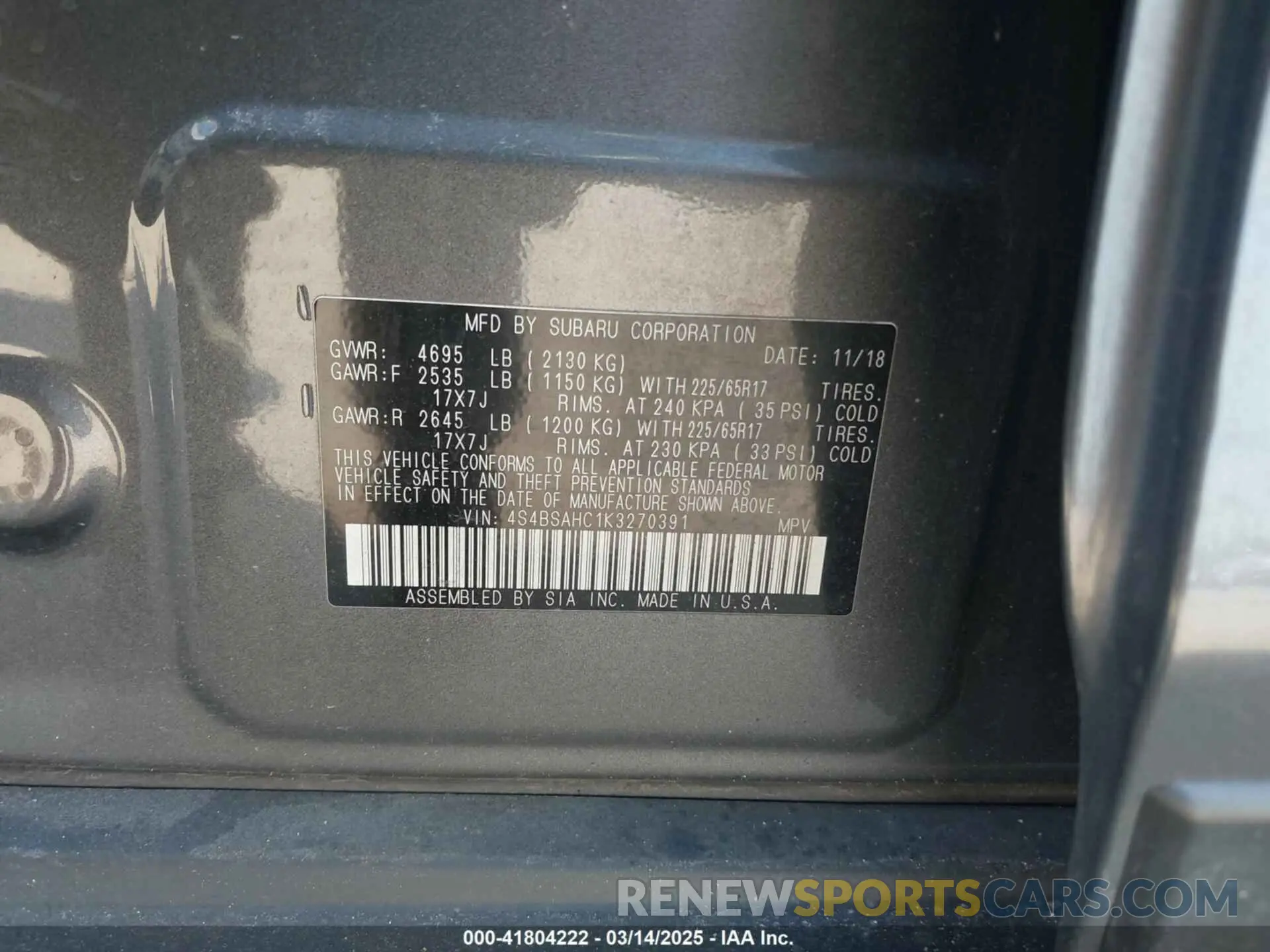 9 fotografías del automóvil dañado 4S4BSAHC1K3270391 SUBARU OUTBACK 2019