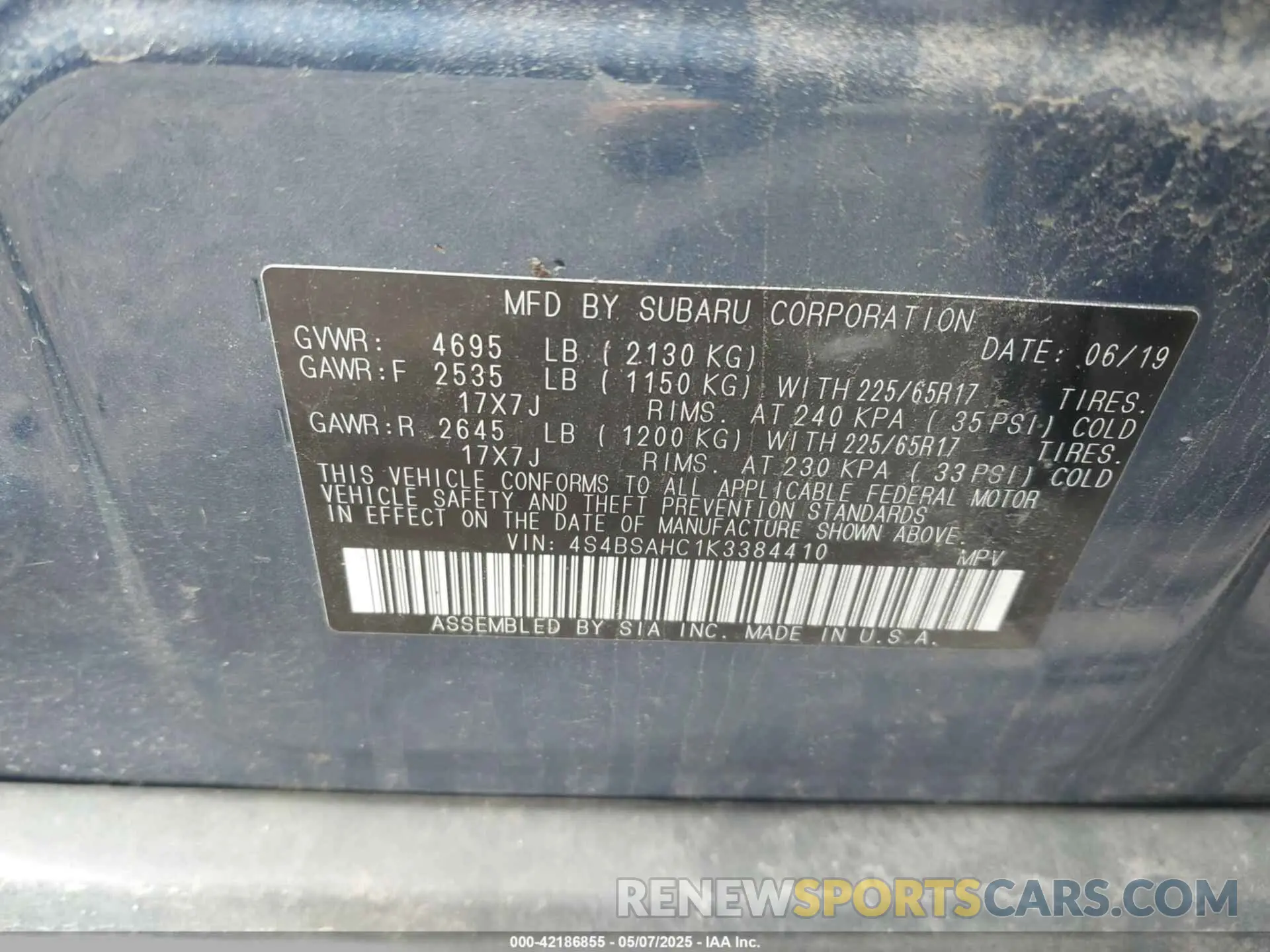 9 fotografías del automóvil dañado 4S4BSAHC1K3384410 SUBARU OUTBACK 2019