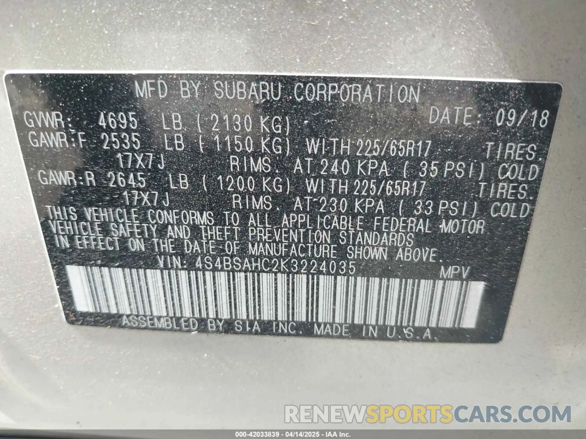 9 fotografías del automóvil dañado 4S4BSAHC2K3224035 SUBARU OUTBACK 2019