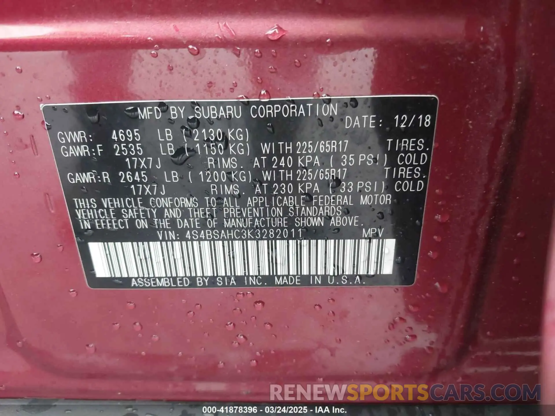 9 fotografías del automóvil dañado 4S4BSAHC3K3282011 SUBARU OUTBACK 2019