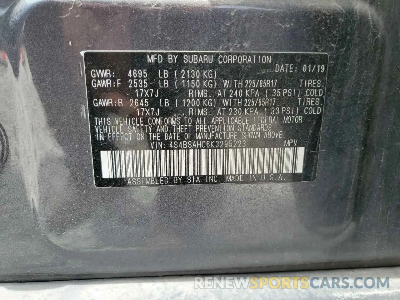 13 fotografías del automóvil dañado 4S4BSAHC6K3295223 SUBARU OUTBACK 2019