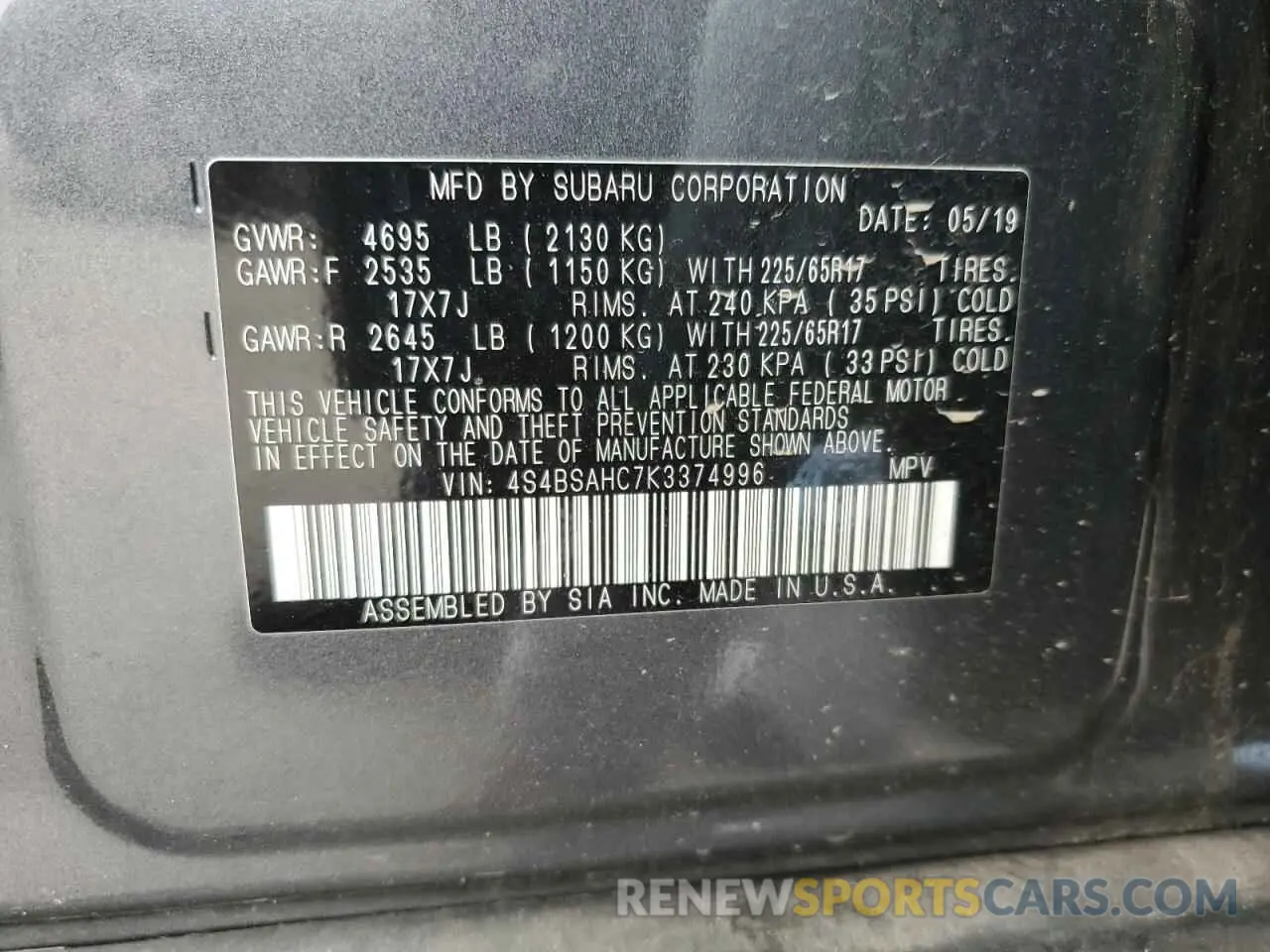 14 fotografías del automóvil dañado 4S4BSAHC7K3374996 SUBARU OUTBACK 2019