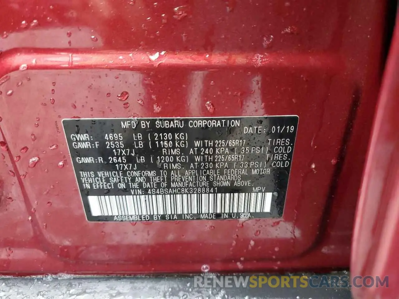 14 fotografías del automóvil dañado 4S4BSAHC8K3288841 SUBARU OUTBACK 2019