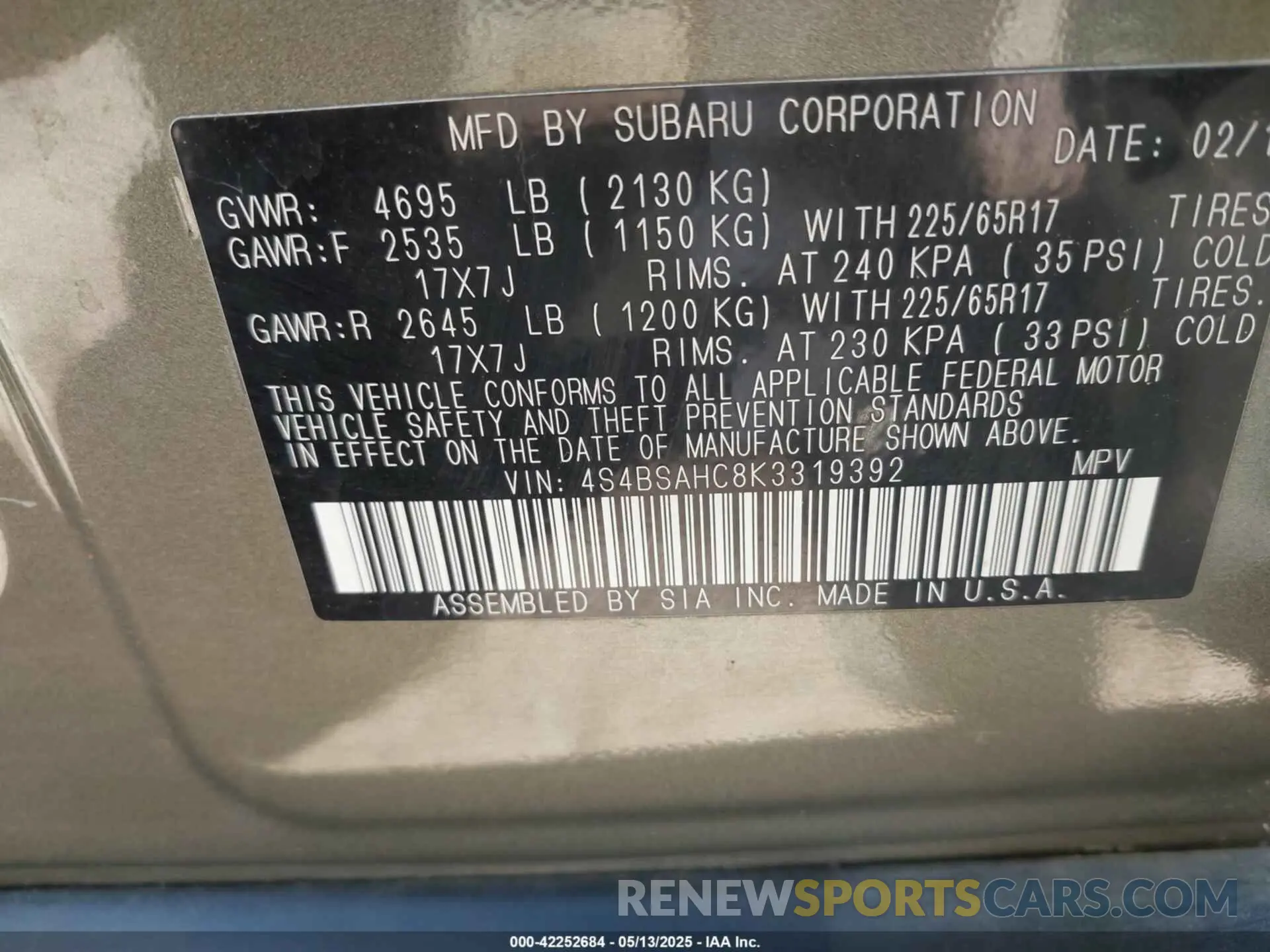 9 fotografías del automóvil dañado 4S4BSAHC8K3319392 SUBARU OUTBACK 2019