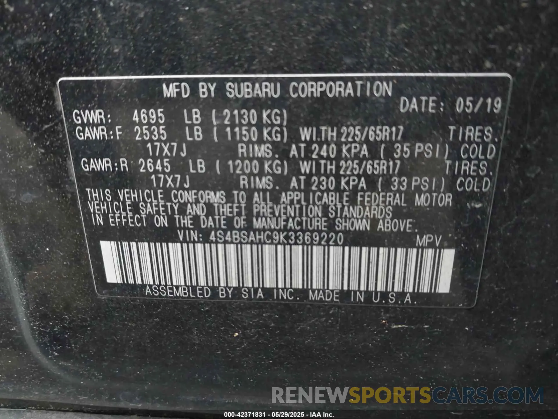 9 fotografías del automóvil dañado 4S4BSAHC9K3369220 SUBARU OUTBACK 2019