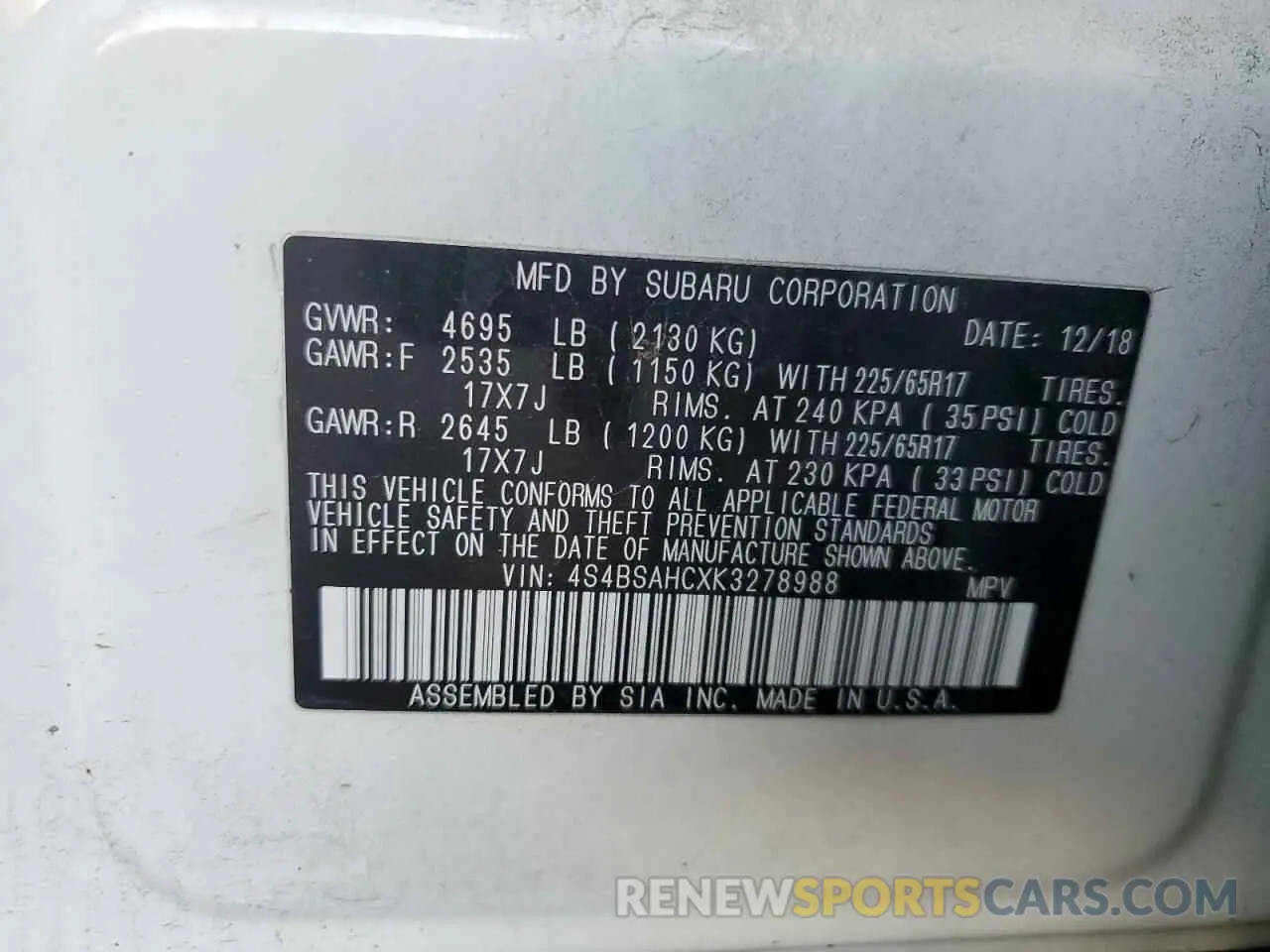 14 fotografías del automóvil dañado 4S4BSAHCXK3278988 SUBARU OUTBACK 2019