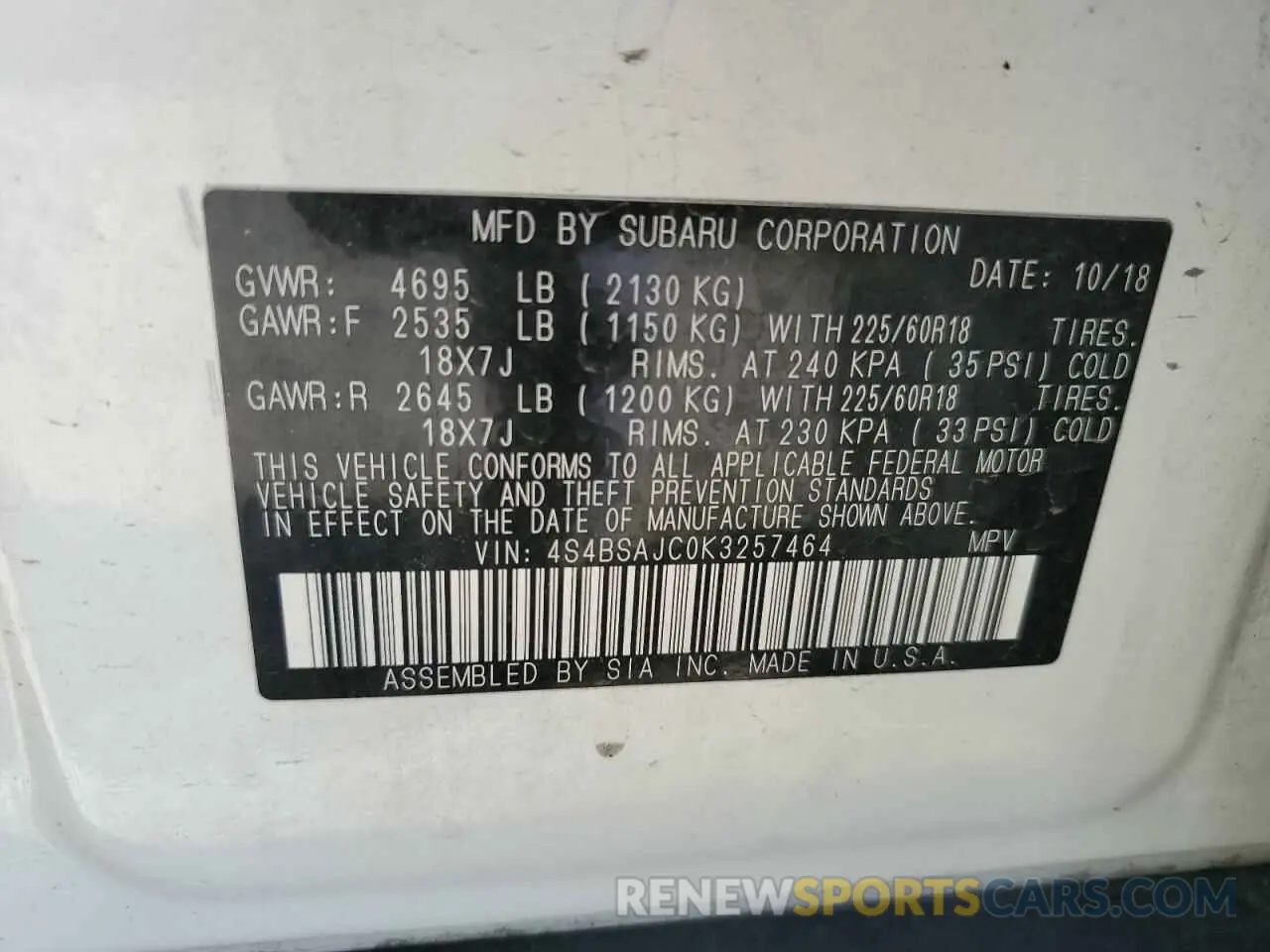 12 fotografías del automóvil dañado 4S4BSAJC0K3257464 SUBARU OUTBACK 2019